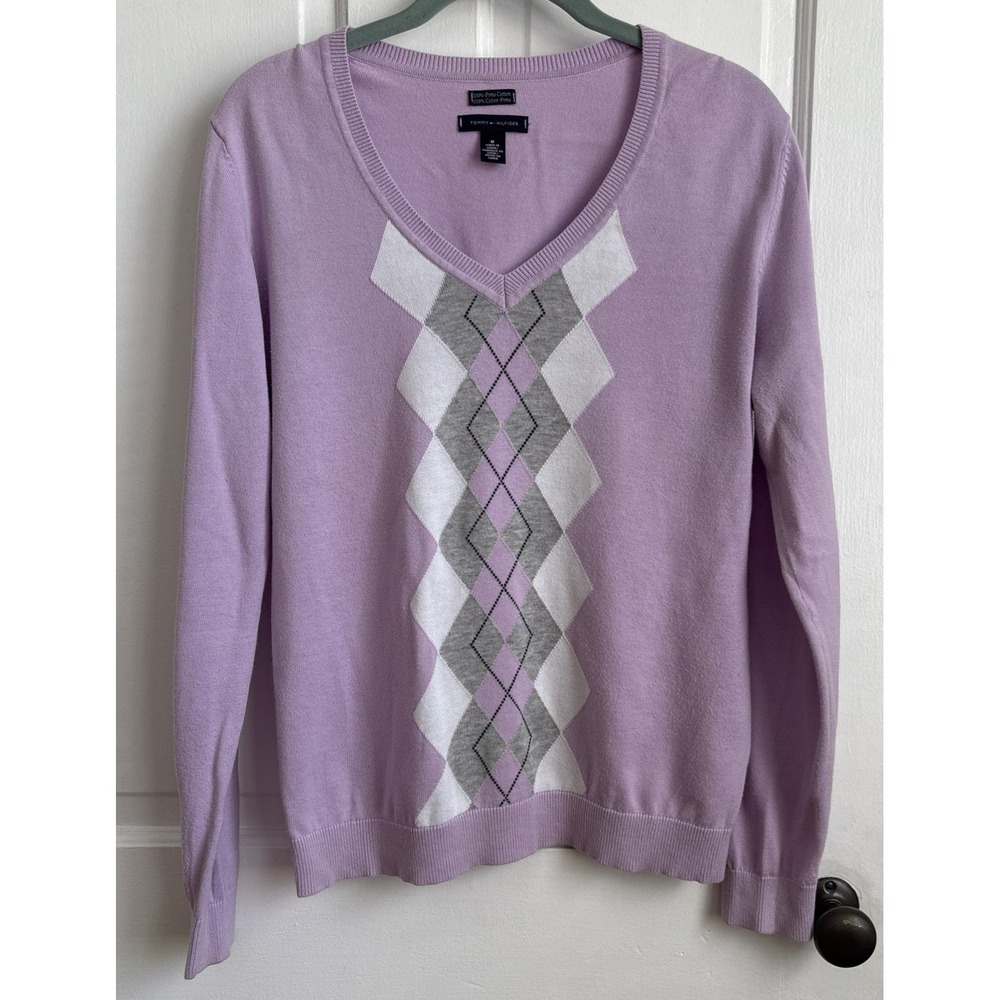 Tommy Hilfiger Womens Lavender Purple Argyle 100% Pima Cotton V-Neck Sweater M